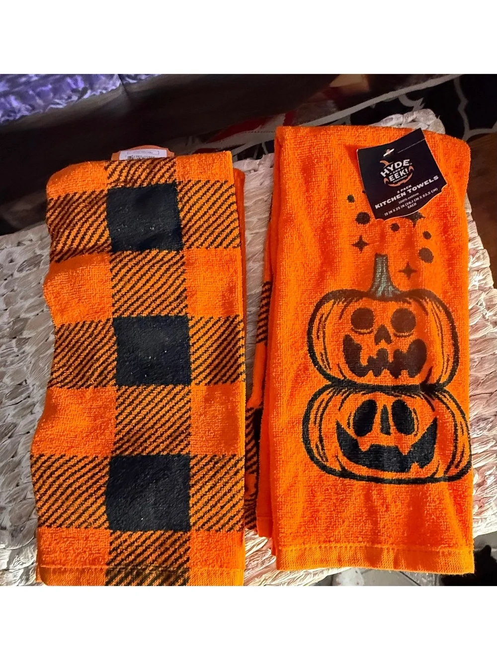 Hyde & EEK! Halloween Kitchen Towels Set of 2 Orange Pumpkin and Plaid Cotton